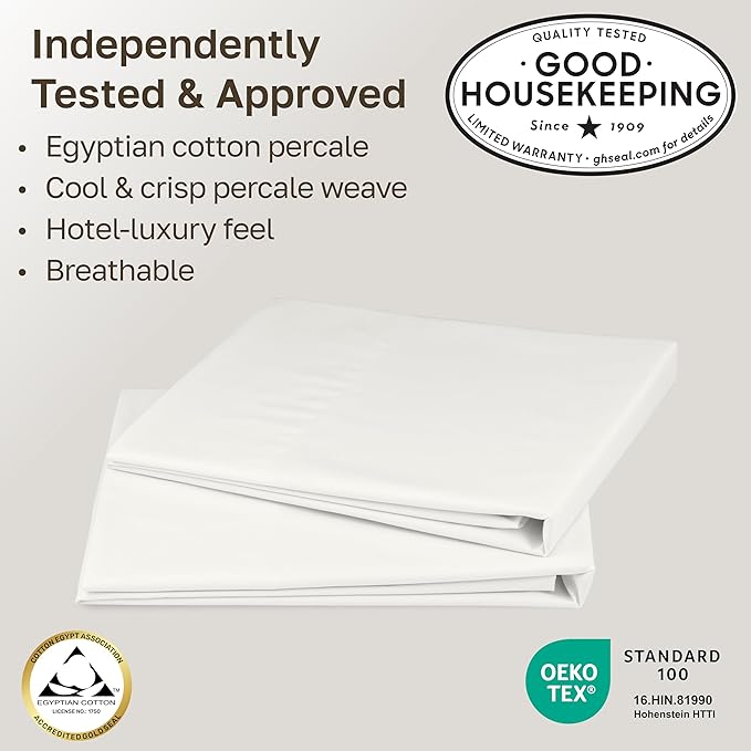 California Design Den Percale Pillow Cases King Size Set of 2-100% Egyptian Cotton, Crisp Percale Feel, Breathable & Soft Pillow Case Set - Ivory