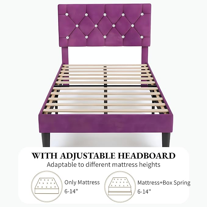 VECELO Twin Size Bed Frame, Upholstered Platform with Adjustable Diamond Tufted Headboard, Wood Slat Support, No Box Spring Needed, Purple