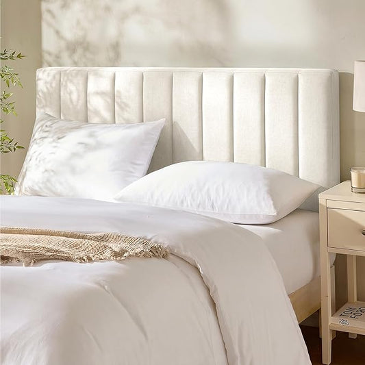 Hearth & Harbor Upholstered Queen Headboard - Easy Assemble Channel Stitched Headboard Queen Size - Wall Mounted Headboards with 3D Soundproof Wall Panels Peel & Stick Floating Headboards, Off White