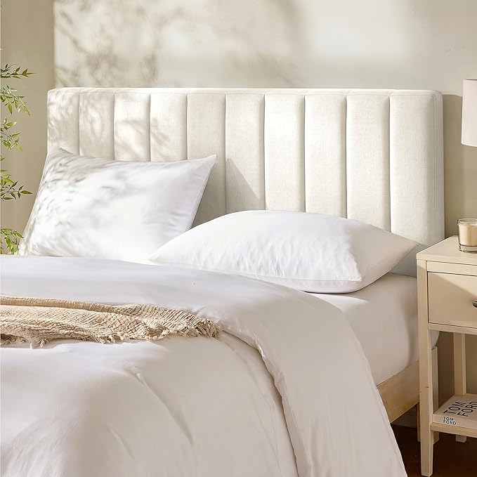 Upholstered King Headboard - Easy Assemble Channel Stitched Headboard King Size Bed - Wall Mounted Headboards with 3D Soundproof Wall Panels Peel & Stick Floating Headboards, Off White