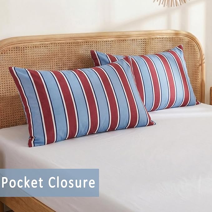 Merryword Burgundy and Blue Striped Pillowcases, 100% Cotton Pillow Cases, Standard Size Pillowcases, Luxury Linen Like Pillowcase, Soft Breathable Stripe Pillow Covers, Set of 2