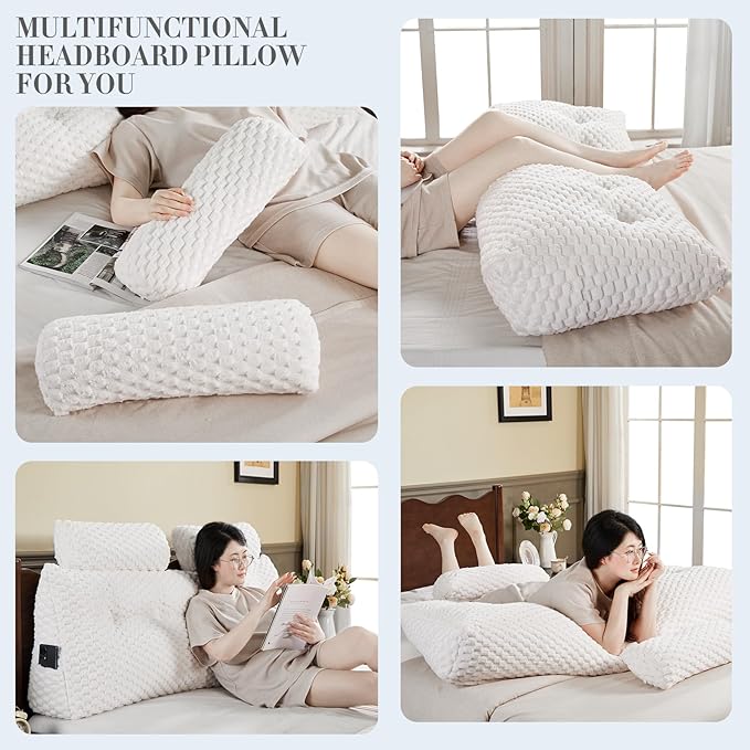 Wedge Headboard Pillow - Bed Wedge Pillow for Headboard Triangular Headboard Pillow with Neck Roll Pillow-Large Bolster Pillow for Sitting in Bed Backrest Positioning Support (White,54x8x20 Inches)
