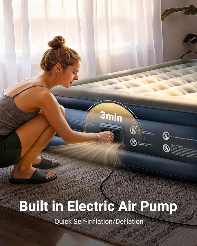 iDOO Queen Air Mattress with Built in Pump, 18 Raised Comfort Inflatable Blow up Mattress, Upgraded Support Structure Portable Air Bed for Camping, Guests and Home, Colchon Inflable, 650lbs Max