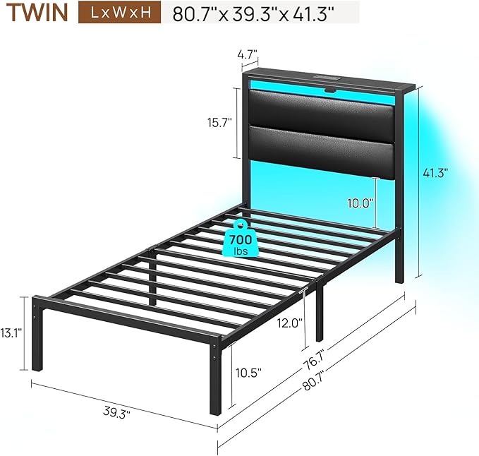 Rolanstar Bed Frame Twin Size with Charging Station, LED Twin Bed Frame with Upholstered Storage Headboard, Platform Bed with Metal Slats & Under Bed Storage, No Box Spring Needed, Noise Free, Black