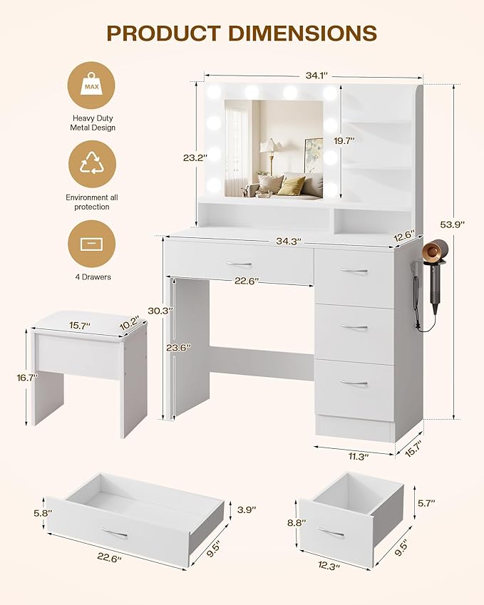 LIVELYGLOW White Makeup Vanity with HD Mirror & 10 LED Bulbs, 34.3" Dressing Table with Charging Station, 4 Drawers, Hairdryer Rack & Cushion Stool, Modern Bedroom Vanity Set