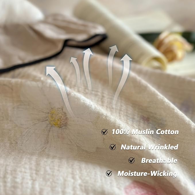 VM VOUGEMARKET Ruffle Duvet Cover Queen Muslin Cotton Vintage Flower Duvet Cover Soft Breathable Linen Like Gauze Bedding Set for Girls-Ivory