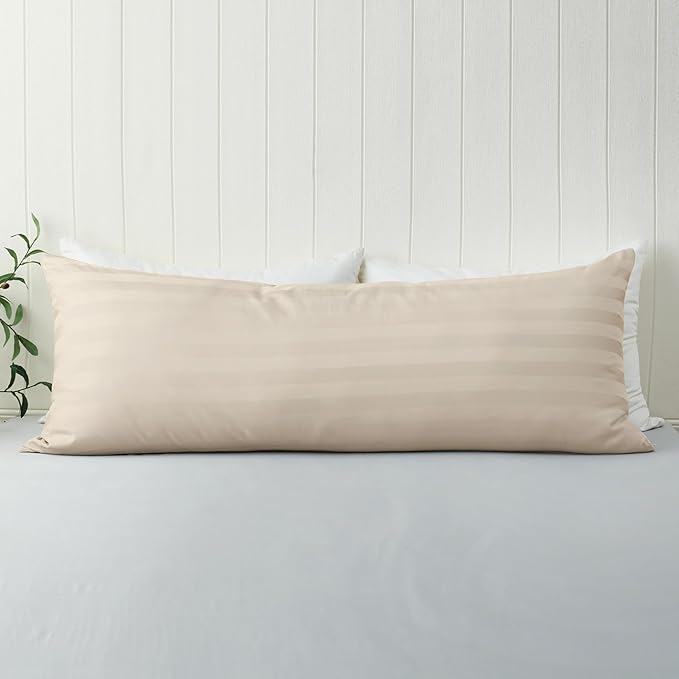 100% Cotton Soft Body Pillow Protectors with Invisible Zipper 20X54 Inches Body Pillow Cases, 600 Thread Count Soft Pillow Cases, Striped Beige Color 1-Pack
