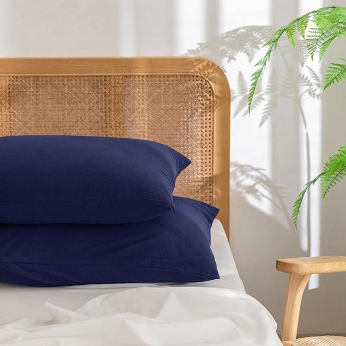 BESTOUCH 100% Washed Cotton Pillowcase for Hair and Skin Linen Feel Soft Comfortable Breathable 2 Set Pillow Case with Envelope Closure Solid Navy Blue Queen 20x30 Inches