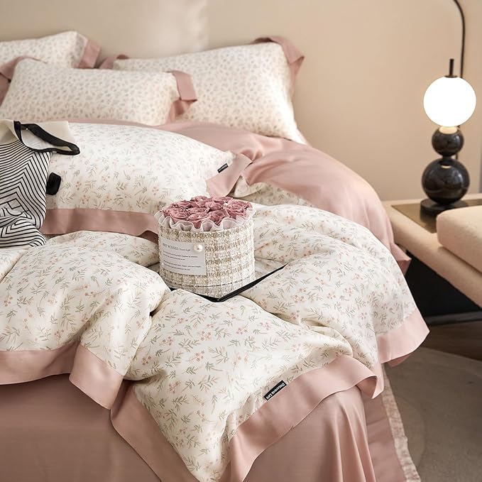 mixinni Pink White Floral Duvet Cover Twin XL Size Green Leaves Cute Flower Botanical Printed 100% Lyocell Duvet Cover Set Reversible Design Cooling Bedding for Women Girls