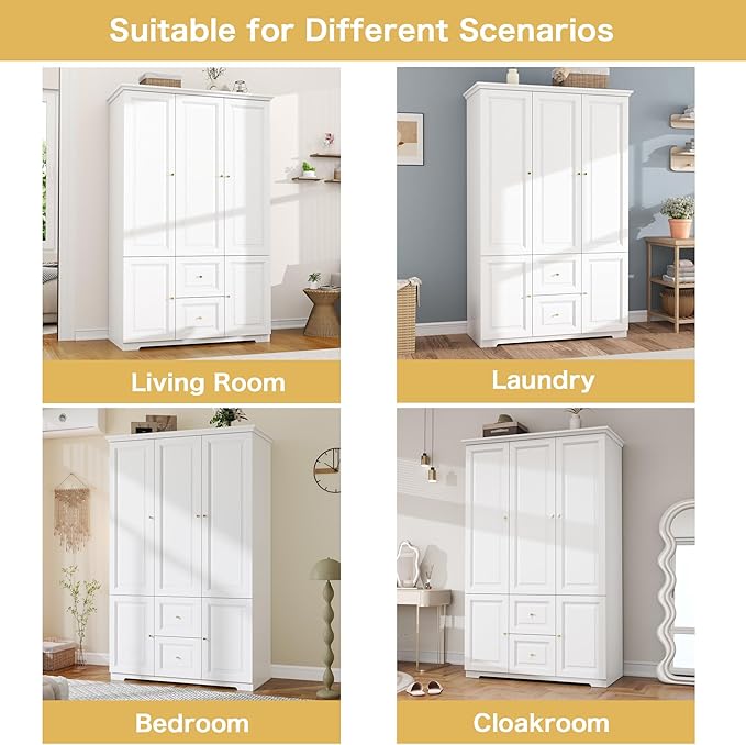Armoire Wardrobe Closet with 3 Drawers: 74" White Wardrobe Closet with 3 Doors, Large Wardrobes Closets for Hanging Clothes, Bedroom Armoires and Wardrobes