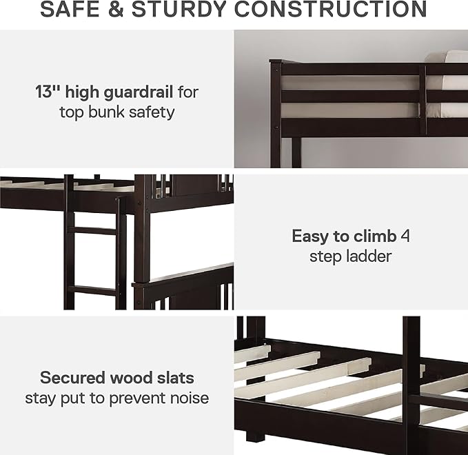 DHP Dylan Convertible Wood Bunk Bed, Stackable and Detachable Bed Frames for Kids and Teens, with Ladder, High Guardrail, Wood Slats, No Boxspring Required, Twin-Over-Twin, Espresso