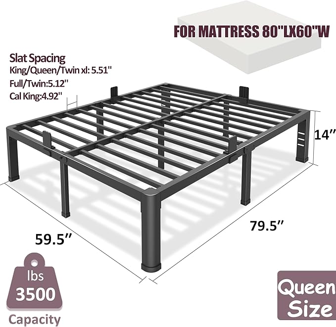 Bilily 14 Inch Queen Bed Frame Metal Platform with Round Corner Legs,3500 LBS Heavy Duty Steel Slats Support,Headboard Compatible,No Box Spring Needed,Easy Assembly,Mattress Retainer,Underbed Storage