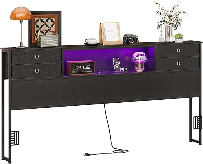 GiftGo Queen Size Headboard with 4 Fabric Storage Drawers Charging Station LED Light Adjustable Height Storage Rack Sturdy and Stable Metal Frame & Wood Shelf (Black, King (U.S. Standard))