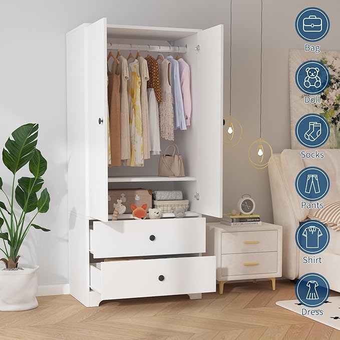 Garvee 71" Armoire Wardrobe Closet, Modern Wooden Bedroom Armoire with 2 Drawers & 2 Doors and Adjustable Shelves，Clothing Storage Cabinet with Aluminum Hanging Rod, Locker