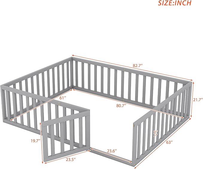 Bellemave Queen Size Montessori Floor Bed with 21.7" High Rails, Pine,Plywood Floor Bed with Small Door, Gray