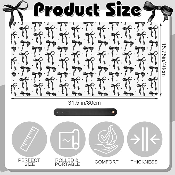 Teenyyou Coquette Bow Makeup Mat for Vanity Top Protector Graduation Gift Dual Side Leather Desk Mouse Pad Girly Waterproof Nonstick Dressing Accessories for Women Home Office(Black,15.7"x31.5")
