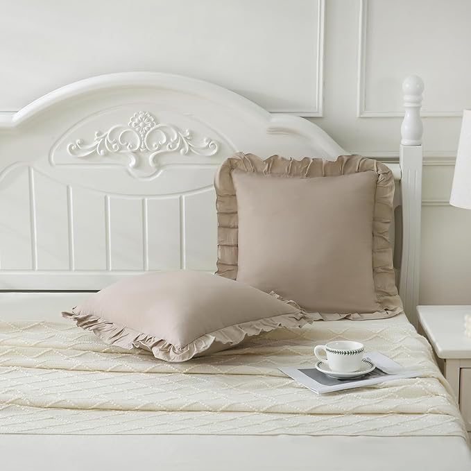 Merryword Taupe Pillowcases 18x18 Throw Pillow Covers Pack of 2 Soft Microfiber Ruffle Decorative Pillowcase Cushion for Couch Sofa Bedroom