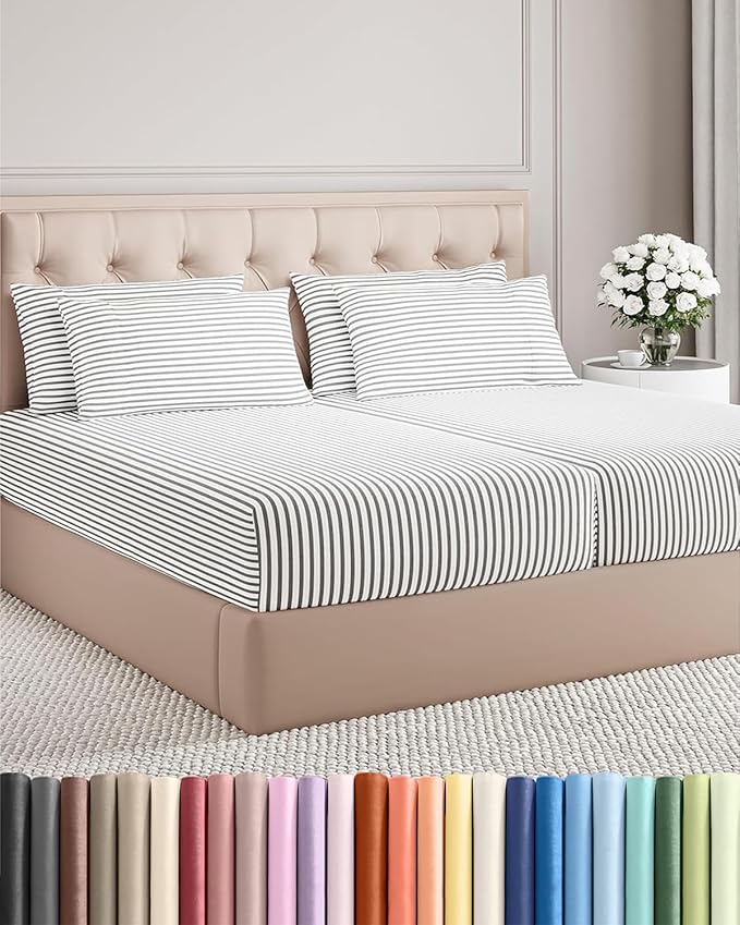 Split King 7 Piece Sheet Set - Comfy, Breathable & Cooling - Hotel Luxury Bedding for Women, Men, Kids, Teens and Children - 1 Flat & 2 Fitted Sheets & 4 Pillowcases w/ Deep Pockets - Grey Stripes 2