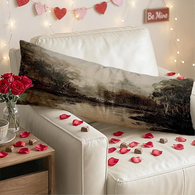Vintage Moody River Landscape 20x54 Body Pillow Cover, Rustic Farmhouse Country Lake Scenery Decorative Long Body Pillow Cases for Bed Couch