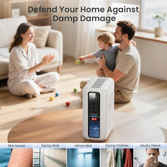 Dehumidifier for Home, Dehumidifiers for Bathroom, Bedroom, Living room, Closet with 68 OZ Water Tank, Moisture Absorbers, Auto Shut Off, Auto Humidity Control, 7 Colors LED Light, White