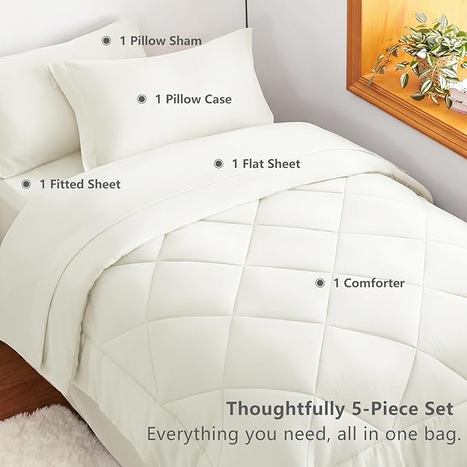 CozyLux Twin XL Comforter Set Ivory - 5 Pieces Twin Extra Long Bed in a Bag for College Dorm, All Season Bedding Set for Girls and Boys, Soft Bed Set with Comforter, Sheets, Pillowcase & Sham