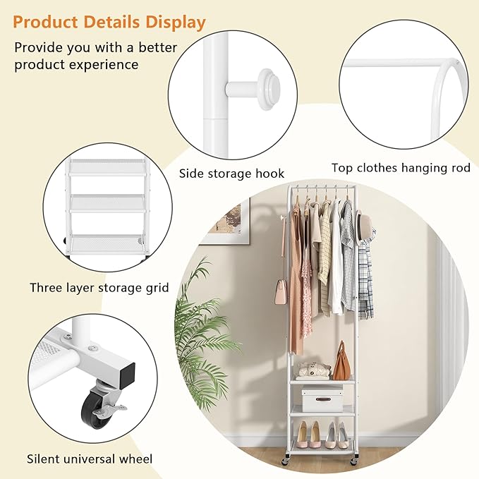 Kaitiemoo Heavy Duty Clothing Rack with Wheels,Modern Garment Rack with 3 Metal Shelves, 71.8Inches Display Rack for Hanging Clothes, Hanging Rod for Small Spaces,White