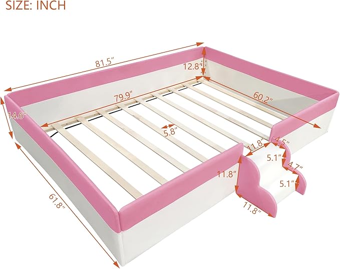Merax Queen Size Floor Bed, Upholstered Kids Daybed Frame with Fence and Stairs, Wood Bed for Living Room, White+Pink