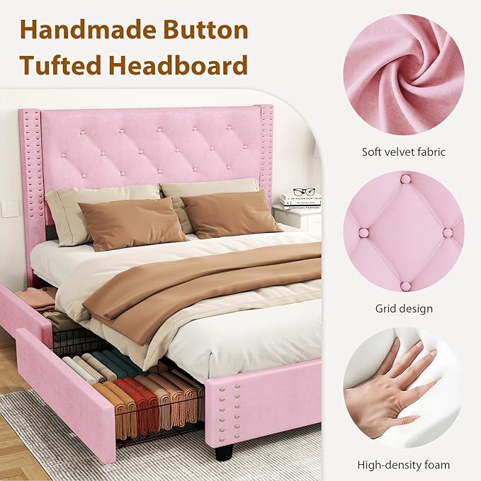 EVLIQUIL Bed Frame Full Size with 4 Storage Drawers, Upholstered Headboard & Frame, Sturdy Metal Frame & Wood Slats, Platform Bed Frame No Box Spring Needed, Easy Assembly, Pink