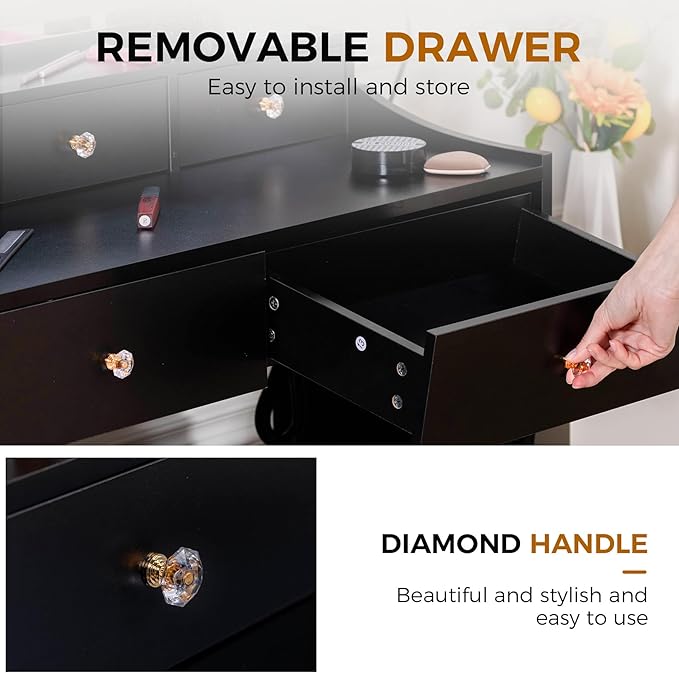COMHOMA Makeup Vanity Desk with Mirror and Lights, Vanity Table and Chair Set with 4 Drawers and Charging Station, Bedroom Dresser LED Mirror Stepless Dimmable & 3 Color Modes Adjustable, Black