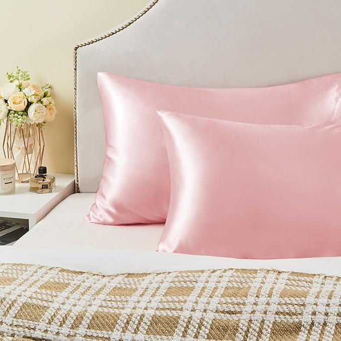 BEDELITE Satin Pillowcase for Hair and Skin, Super Soft and Cooling Similar to Silk Pillow Cases 2 Pack with Envelope Closure, Gift for Women Men(20"x30" Queen Size, Pink)