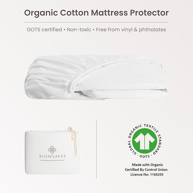 Bioweaves Organic Cotton Jersey Waterproof Mattress Protector King | 76" x 80" | GOTS Certified Mattress Cover with Jersey Cotton Skirt, Breathable & Noiseless Top Layer, 17 Inch Deep Pocket, White