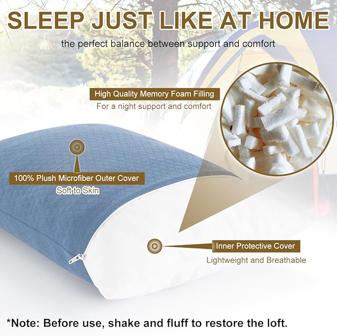 Ivellow Memory Foam Travel Pillow Compressible Camping Pillow for Sleeping Shredded Memory Foam Pillow Compact Firm Supportive Travel Pillow for Adults Kids Outdoor Hiking Essential Gear Blue-M