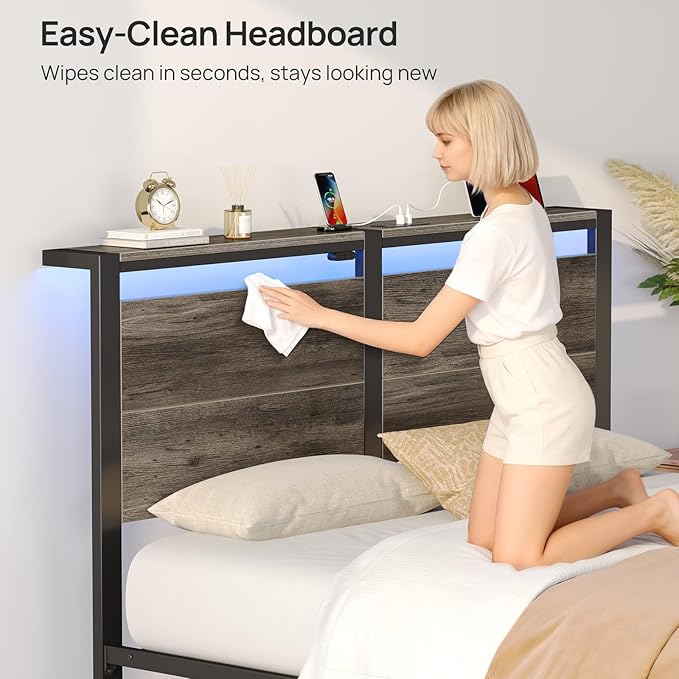 Rolanstar Full Size Bed Frame with Charging Station, LED Full Bed Frame with Wood Storage Headboard, Platform Bed with Metal Slats & Under Bed Storage, No Box Spring Needed, Noise Free, Deep Grey