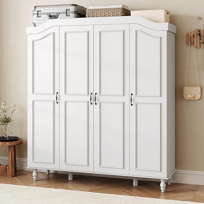 Arched Armoire Wardrobe Closet with 4 Doors, 71" H Wooden Large Capacity Wardrobe Cabinet with 2 Hanging Rods and 8 Shelves, Freestanding Armoire Storage Cabinet for Bedroom, Cloak Room, White