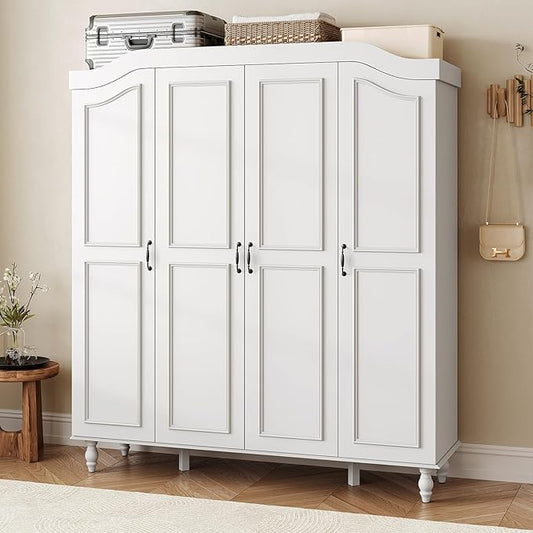 Arched Armoire Wardrobe Closet with 4 Doors, 71" H Wooden Large Capacity Wardrobe Cabinet with 2 Hanging Rods and 8 Shelves, Freestanding Armoire Storage Cabinet for Bedroom, Cloak Room, White