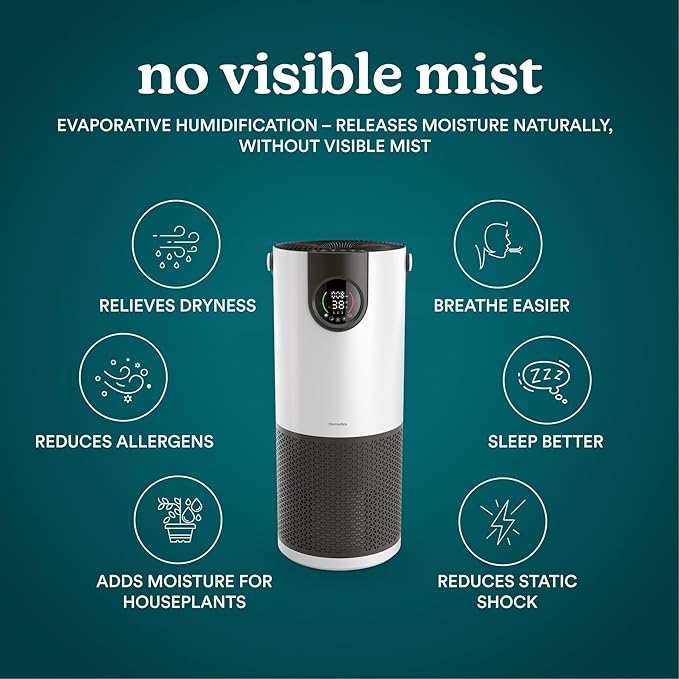 Homedics 2-in-1 Air Purifier & Evaporative Humidifier for Large Rooms HEPA Air Cleaner, Filtered Humidification, Digital Air Quality Sensor, Auto Mode, Tower Design for Home, No Visible Mist