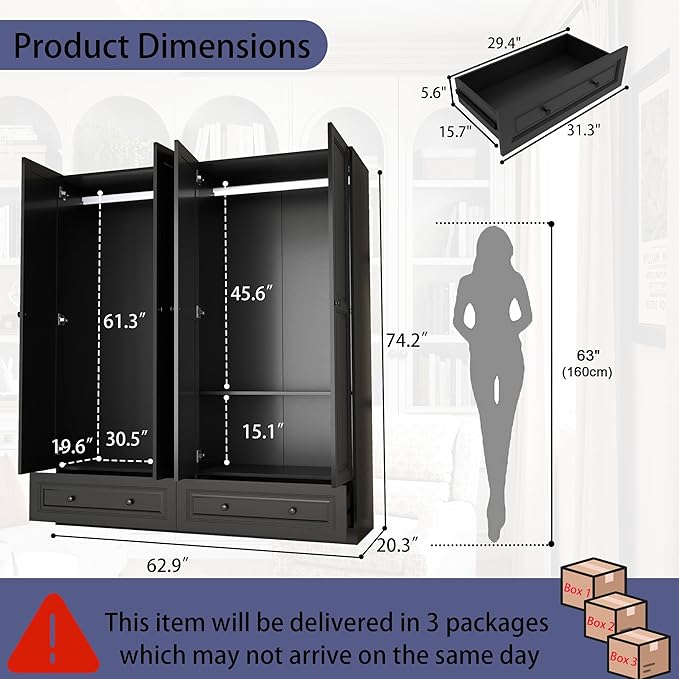 Armoire Wardrobe Closet with Drawers: 74" Black Wardrobe Close with 4 Doors and 2 Drawers, Tall Armoire with Hanging Rod, Large Wooden Clothes Cabinet for Bedroom (Black, 63")