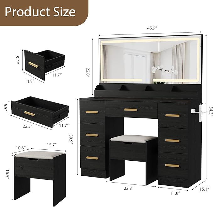 Garvee Vanity Desk with Large Mirror and Lights, 45.9 in Makeup Vanity Desk, 3 Lighting Modes Adjustable Brightness, Vanity Table with Power Outlet & 8 Drawers, for Powder Room and Bedroom