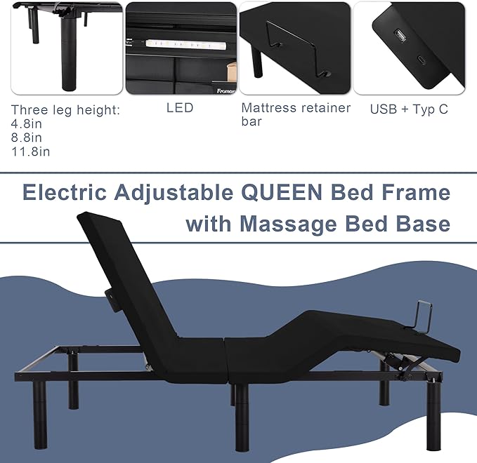 Fromann Adjustable Electric Queen Bed Base Frame with Massage,USB Type-C Ports, Zero Gravity, Under Bed Led Lighting and Three Leg Height (Black)
