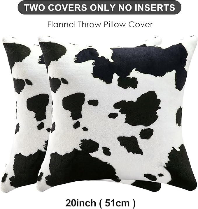 SOCHOW Decorative Throw Pillow Covers 20x20 Inches Set of 2, Soft Cow Print Flannel Fleece Pillowcase Square Cushion Covers for Sofa Couch Bed, Black/White