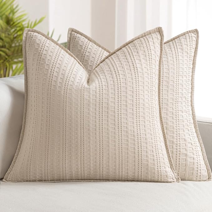 Set of 2 Decorative 100% Cotton Waffle Throw Pillow Covers 20x20, Neutral Euro Shams Weave European Cushion Cases for Couch Sofa Bed Modern Farmhouse Home Decor, Oatmeal