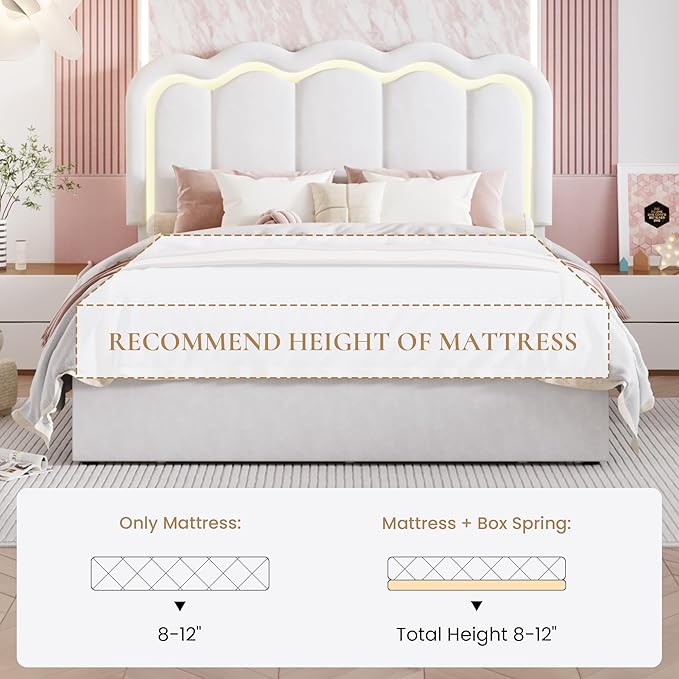 SHA CERLIN Upholstered Queen Size Bed Frame with LED Lights and Large Storage Drawer, Velvet Platform Bed with Adjustable Wavy Headboard, Noise Free, Easy Assembly, No Box Spring Needed, Soft White
