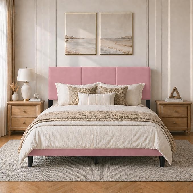 Queen Size Bed Frame with Headboard, Velvet Upholstered Platform Bed Frame, Sturdy Slatted Support for Springless Mattresses, Silent Operation, Easy to Assemble, Pink