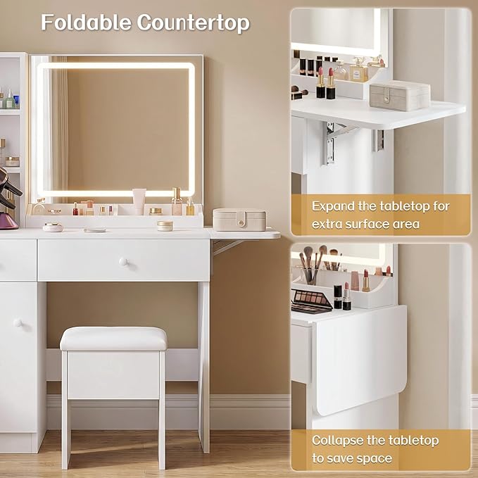FUXA Vanity Desk with LED Lights Mirror and Charging Station, Makeup Vanity Table with Storage Drawers, Cabinet and Chair, Dressing Table Set for Bedroom, White