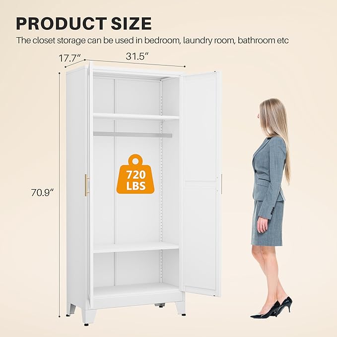 winiowa Metal Armoire Wardrobe Closet with 2 Mirror Doors, 71" Wardrobe Cabinet with Adjustable Shelves and Hanging Rod, Clothing Storage Cabinet Closet with Mirror for Bedroom-White