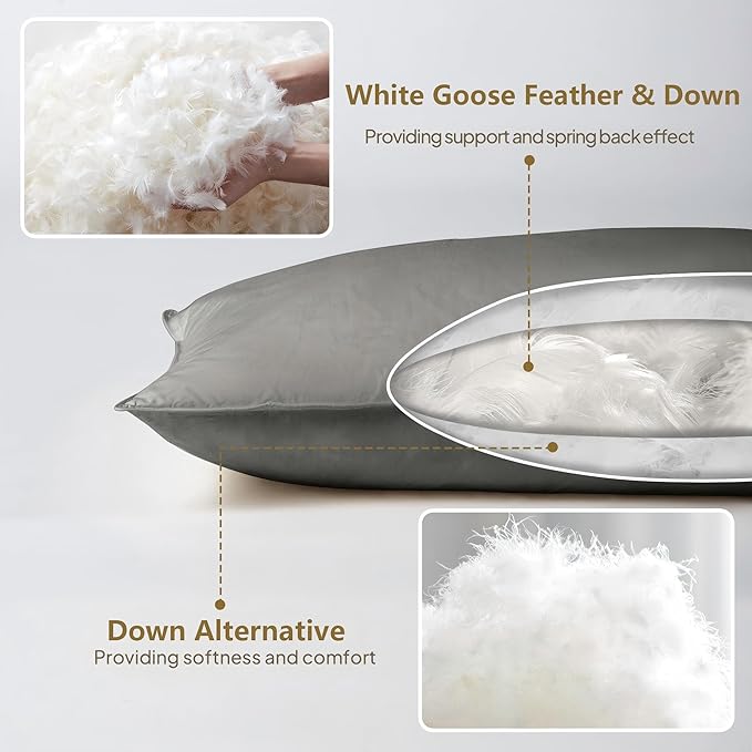 Goose Feather Down Pillows Queen Size Set of 2, Ultra Soft 100% Organic Cotton Fabric 700TC, 900 Fill Power Luxury Hotel Collection Bed Gusseted Pillows 2 Pack for Back, Stomach or Side Sleepers