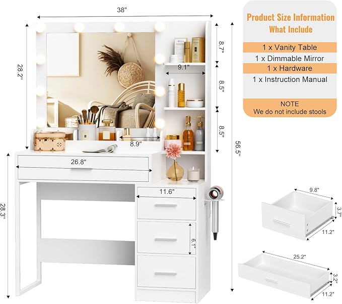 KAMABOKO Vanity Desk with Lighted and Mirror, White Makeup Table with Drawers and Charging Station, 3 Model Adjustable for Bedroom & Dressing Room (038 White)