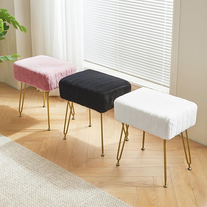 IBUYKE Velvet Rectangular Footrest Stool Ottoman, Makeup Vanity Stool Side Table, Velvet Dressing Table Seat, Pouf Couch Stool, Golden Steel Legs, White LG-51W