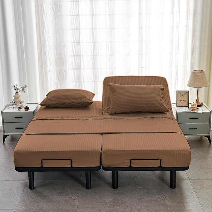 Kingnex Striped Split California King Sheets Sets for Adjustable Bed with Deep Pocket 5 Pieces Include 2 Cali Twin XL Fitted Sheets 1 Flat Sheet 2 King Size Pillowcases Coffee