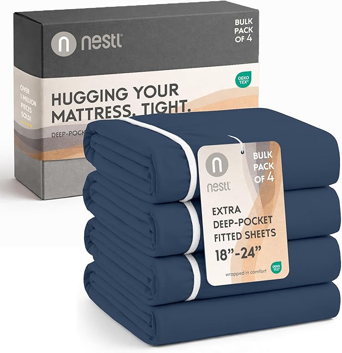 Nestl 4 Pack Navy Blue Fitted Sheet Extra Deep Pocket, Hotel Luxury Cal King Fitted Sheet Only Easily Fits 18 to 24 Inch Mattress, Super Soft, Wrinkle-Free and Breathable with Corner Straps